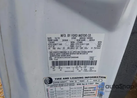 2010 Ford F150 Supercrew z USA, uszkodzony, nr VIN 1FTEW1CWXAFD89948